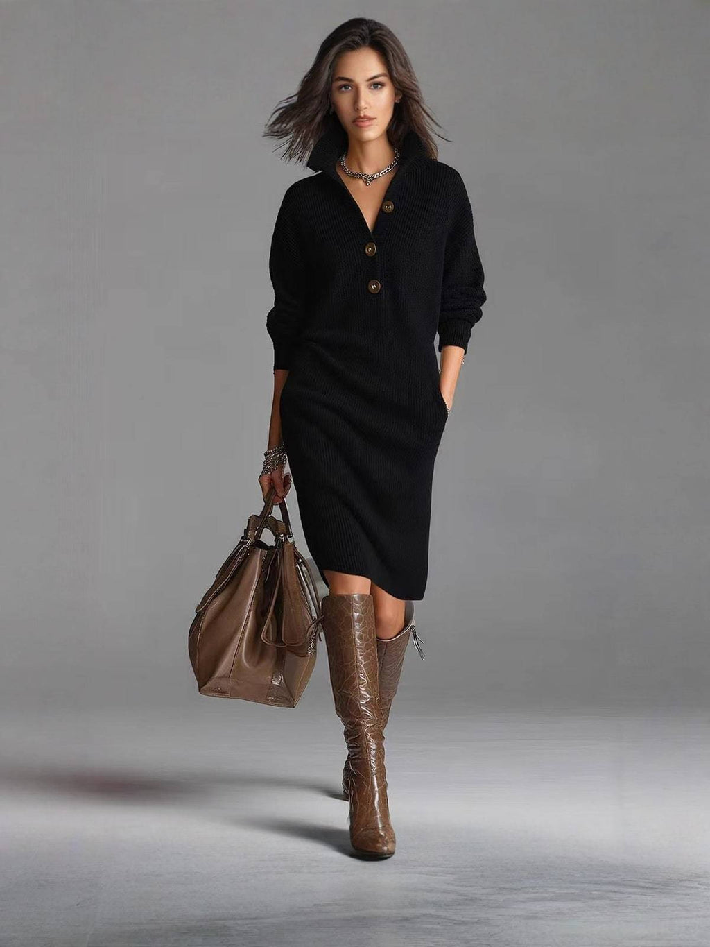 Women's Ribbed Pullover Dress with Button Collar and Pockets