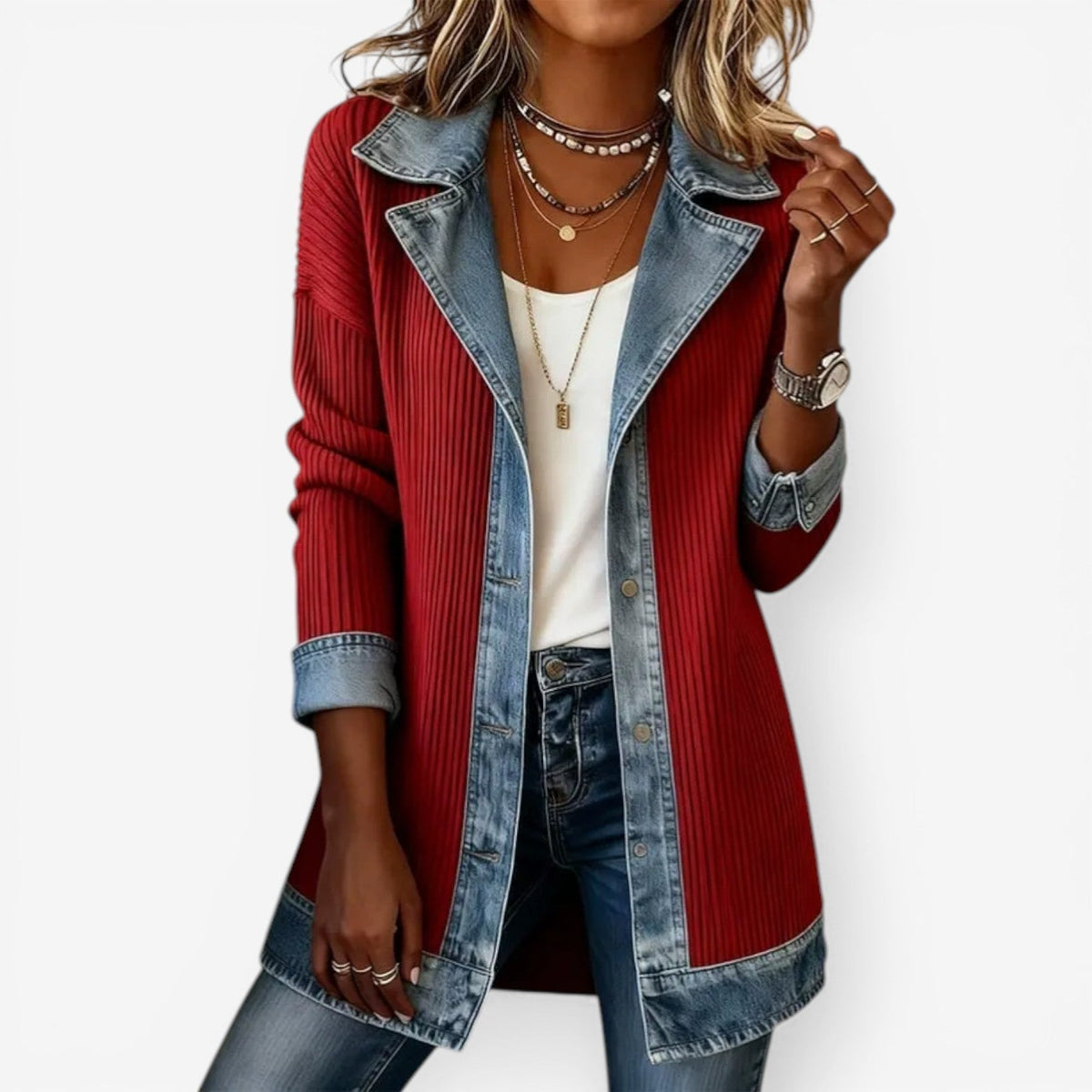Women's Soft Knit Button-Front Coat with Denim Collar Detail