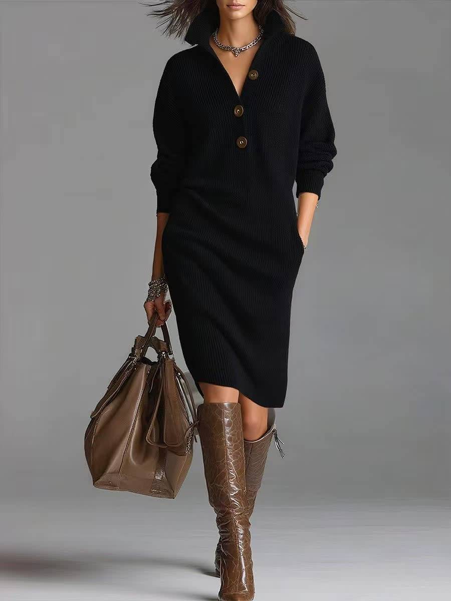 Women's Ribbed Pullover Dress with Button Collar and Pockets