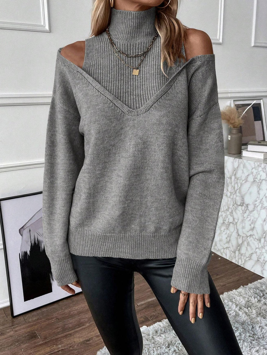 Women's Winter Cutout Shoulder High Neck Knit Sweater