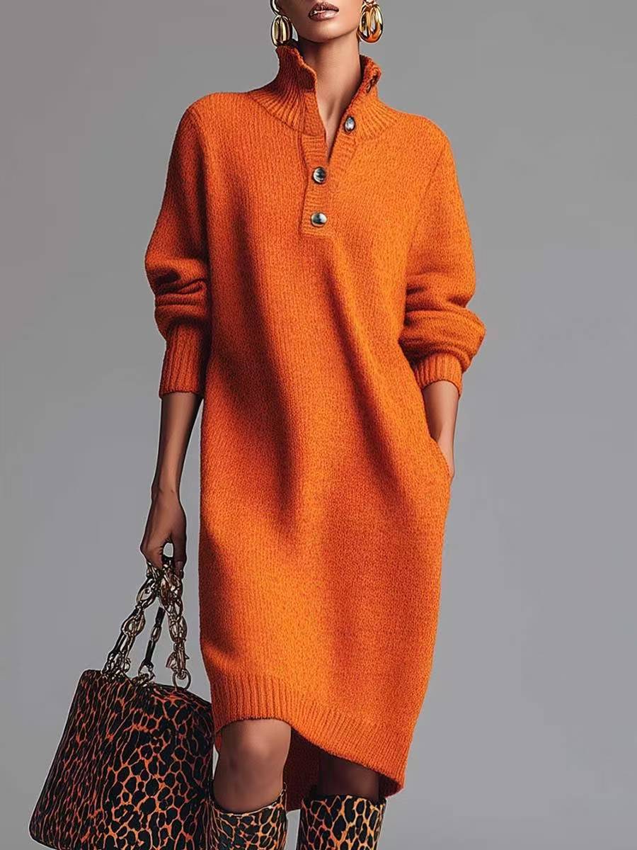 Women's Ribbed Pullover Dress with Button Collar and Pockets