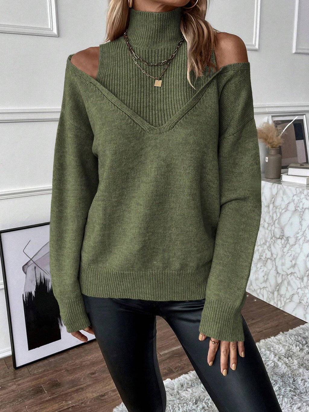 Women's Winter Cutout Shoulder High Neck Knit Sweater