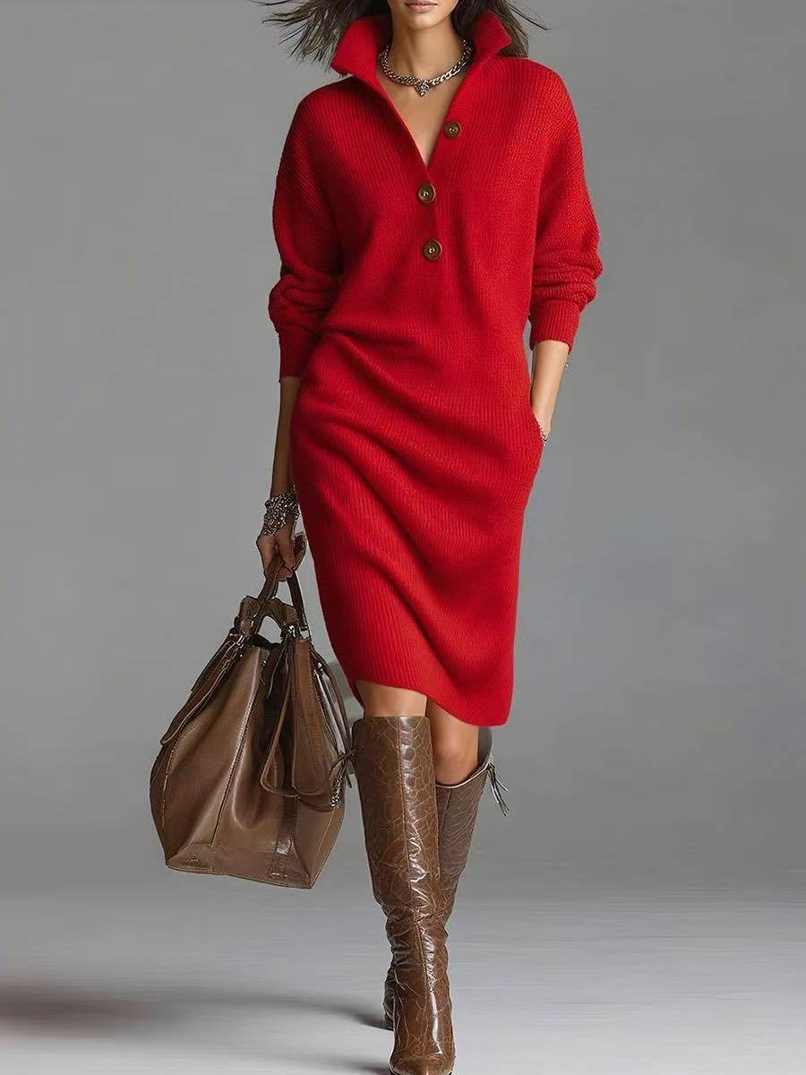 Women's Ribbed Pullover Dress with Button Collar and Pockets