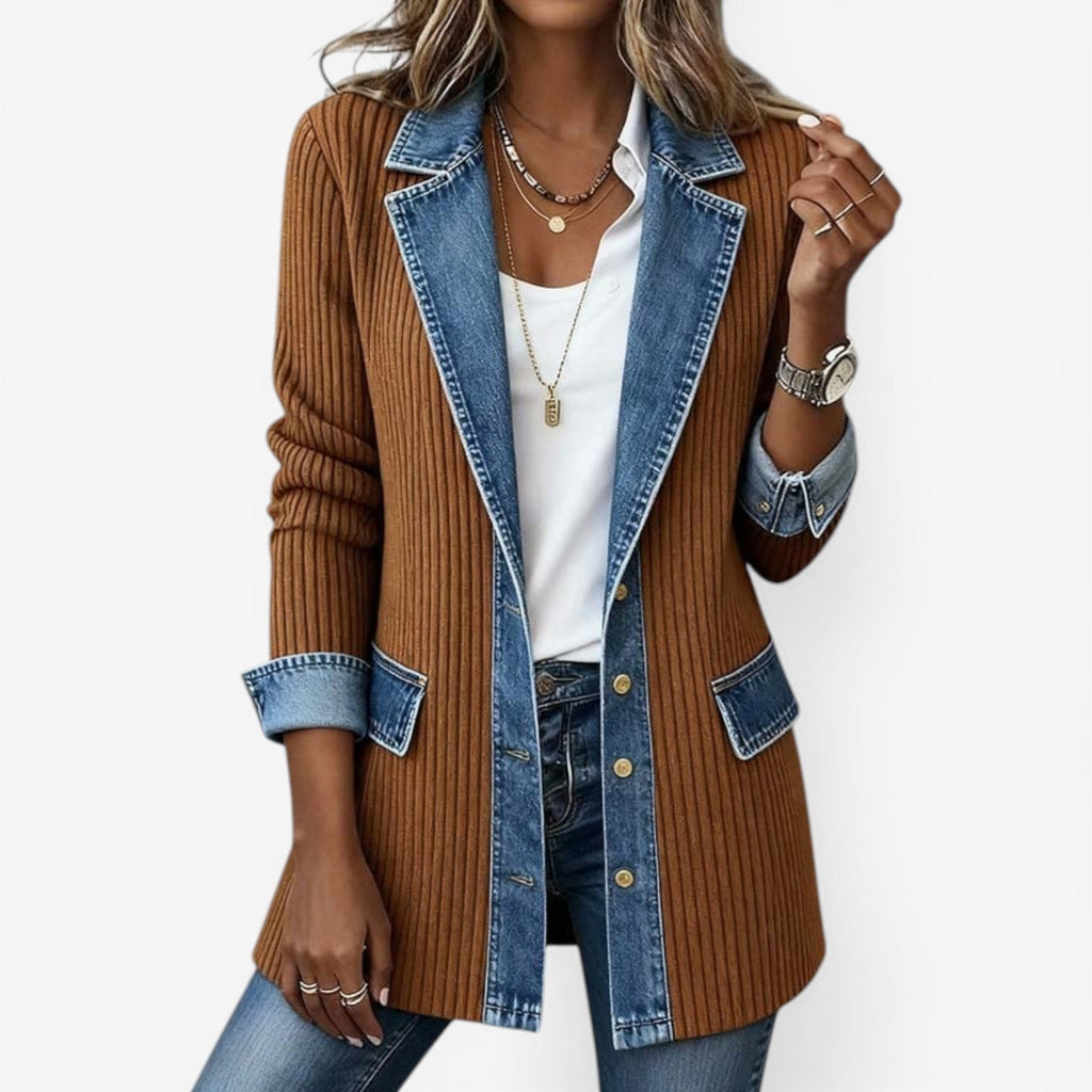 Women's Soft Knit Button-Front Coat with Denim Collar Detail