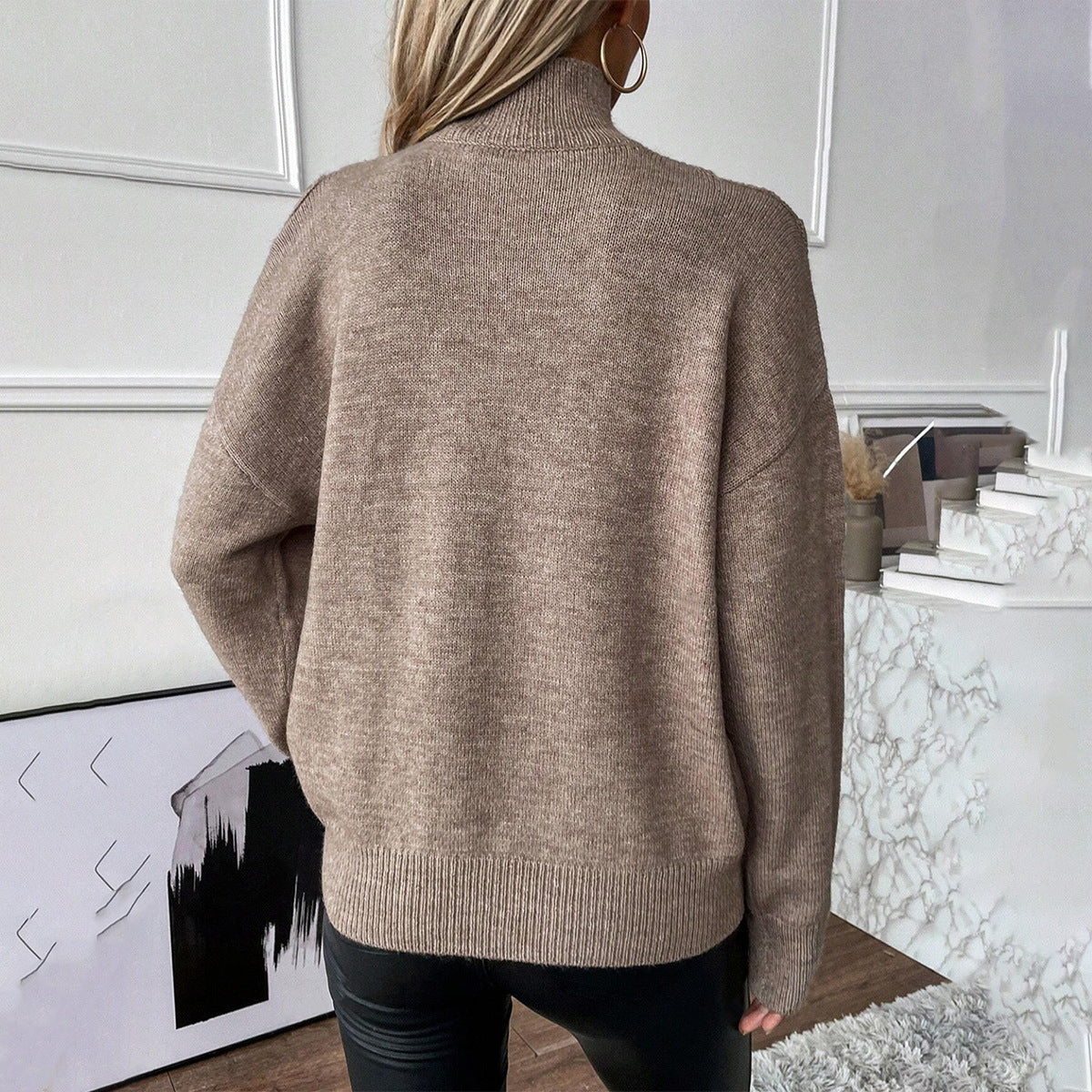 Women's Winter Cutout Shoulder High Neck Knit Sweater