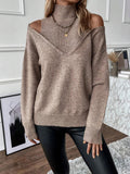 Women's Winter Cutout Shoulder High Neck Knit Sweater