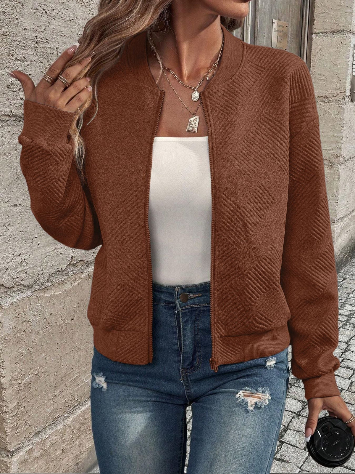 Women's Loose Full-Zip Textured Sweater Cardigan