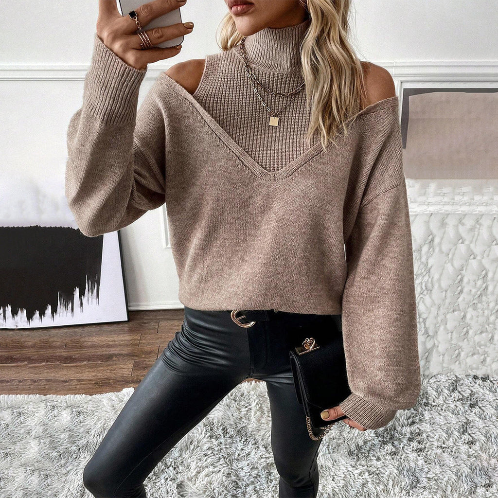 Women's Winter Cutout Shoulder High Neck Knit Sweater