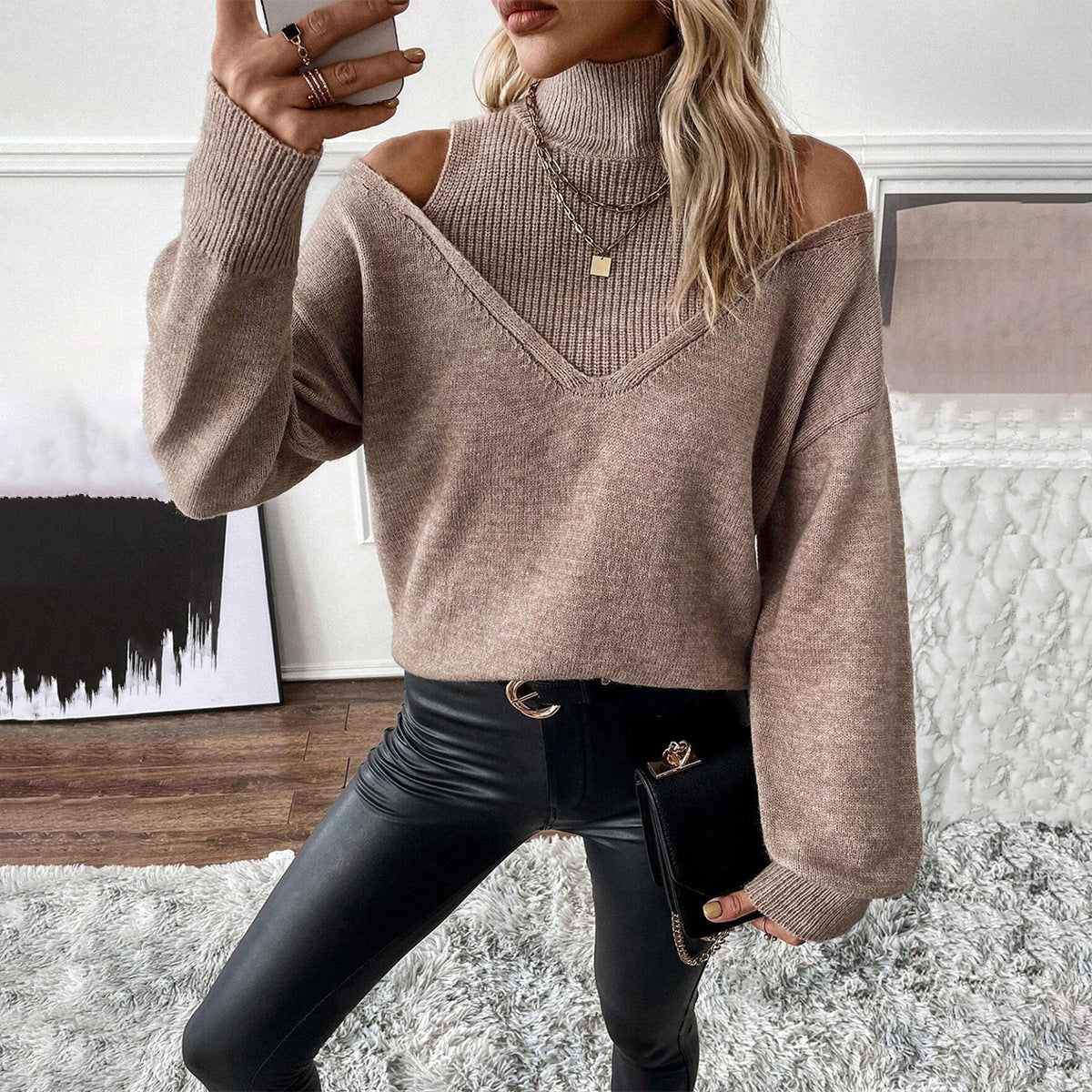 Women's Winter Cutout Shoulder High Neck Knit Sweater
