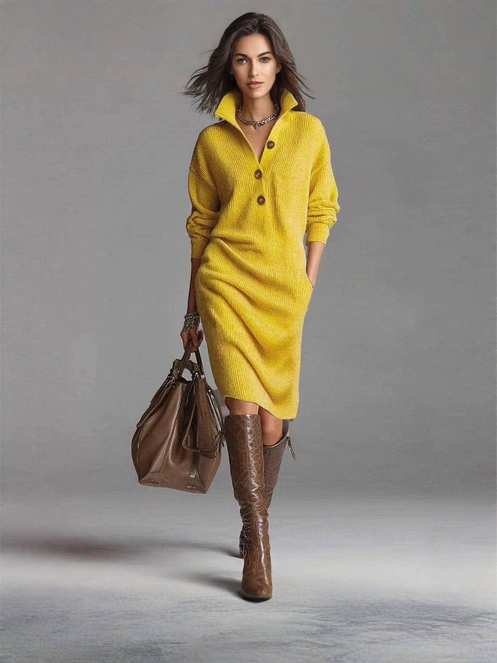 Women's Ribbed Pullover Dress with Button Collar and Pockets