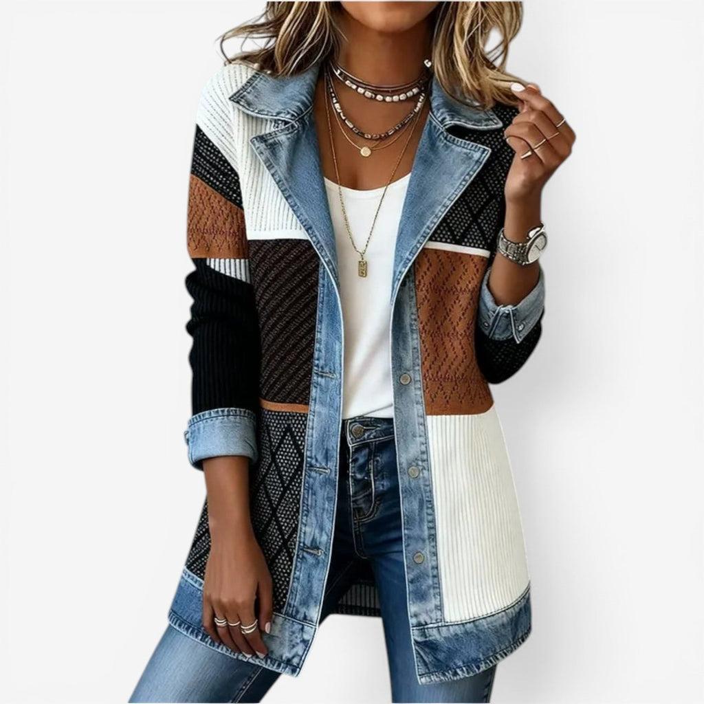 Women's Soft Knit Button-Front Coat with Denim Collar Detail