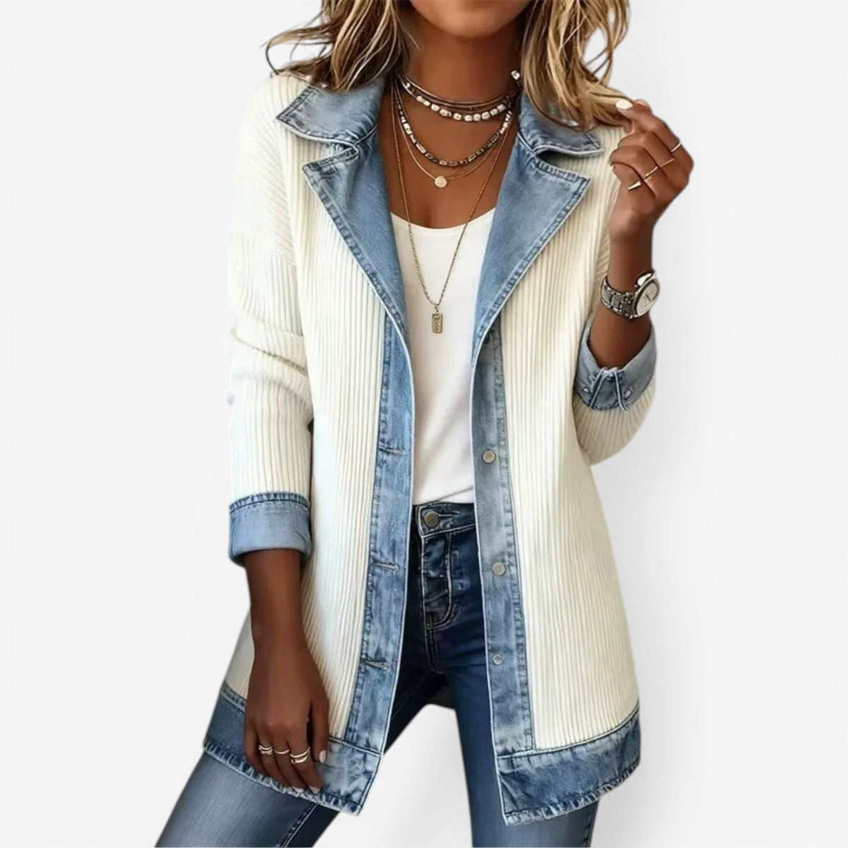 Women's Soft Knit Button-Front Coat with Denim Collar Detail