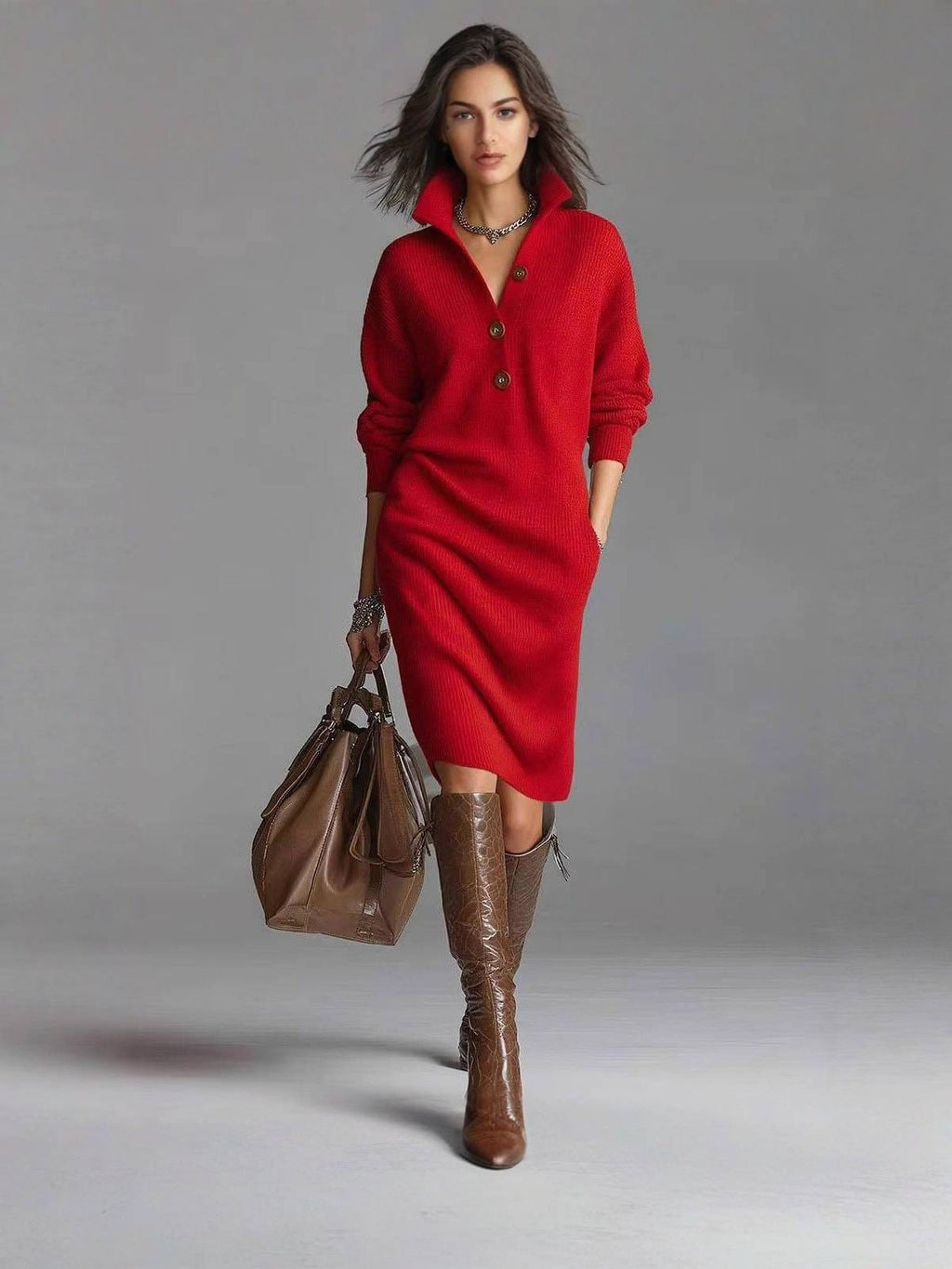 Women's Ribbed Pullover Dress with Button Collar and Pockets