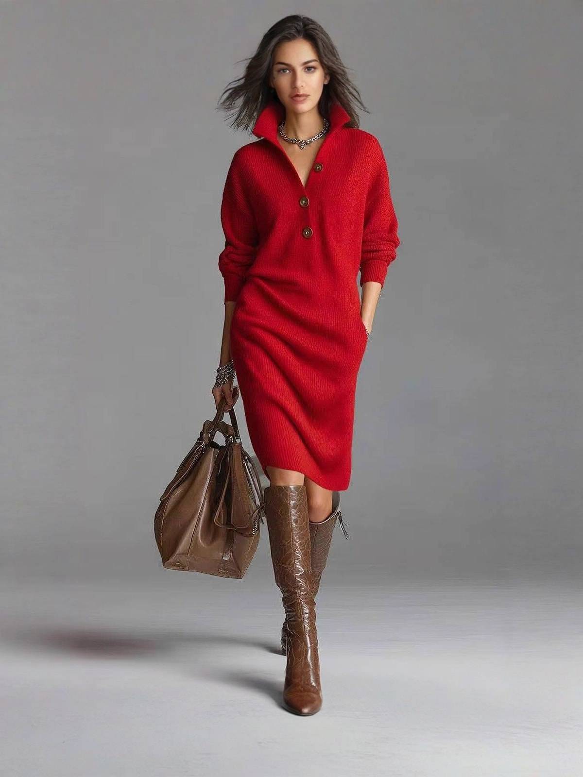 Women's Ribbed Pullover Dress with Button Collar and Pockets