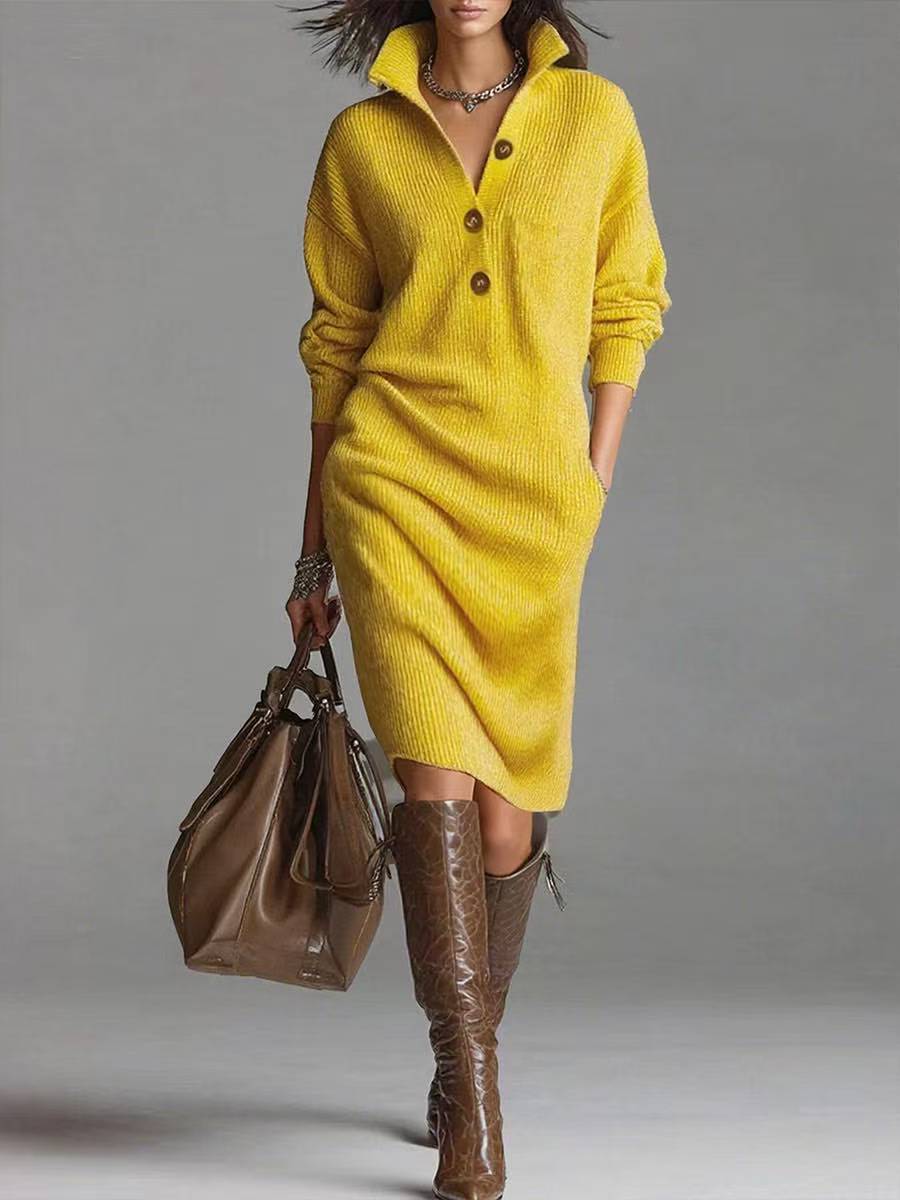 Women's Ribbed Pullover Dress with Button Collar and Pockets
