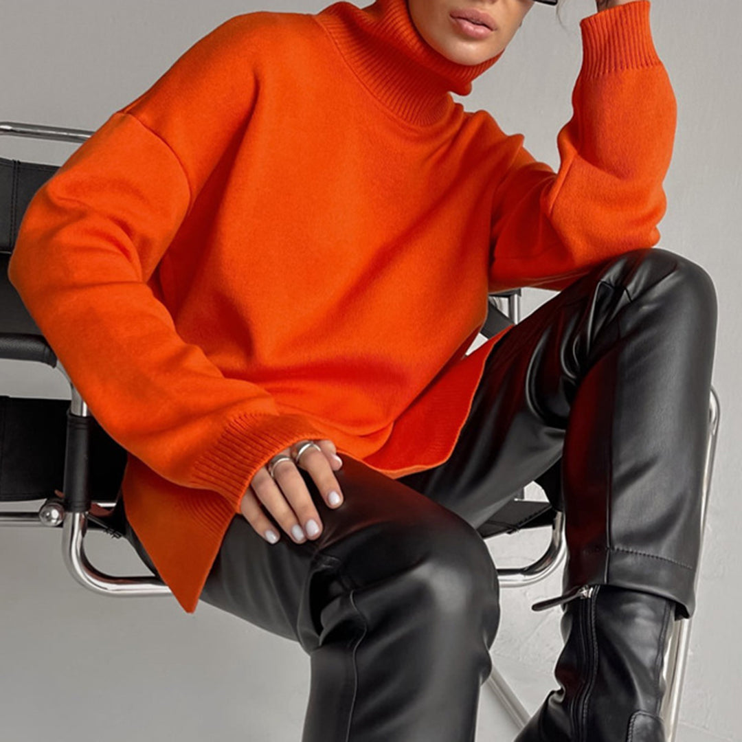 Women's Draped Relaxed Turtleneck Sweater with Split Hem