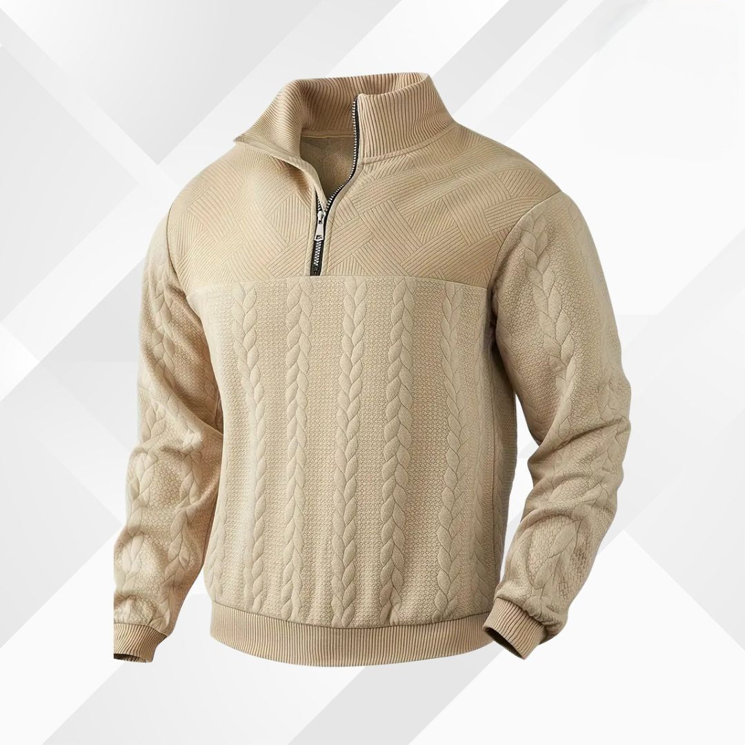 Men's Mixed Knit Panel Zip Neck Cable Sweater
