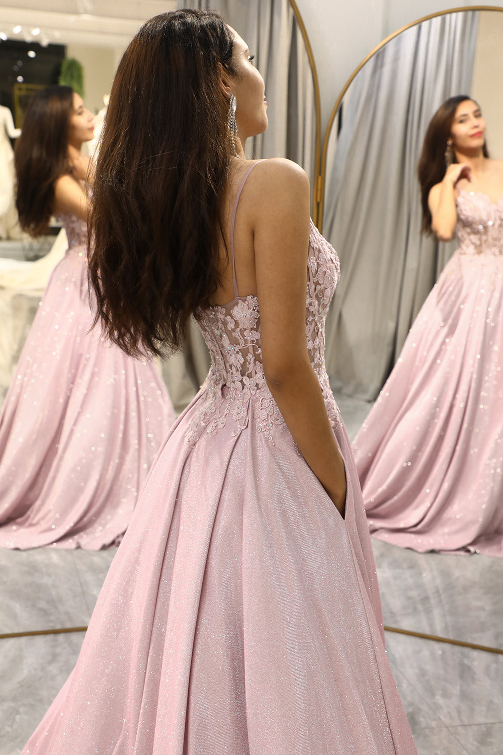 Women's Sheer Illusion Floral Bodice Evening Dress
