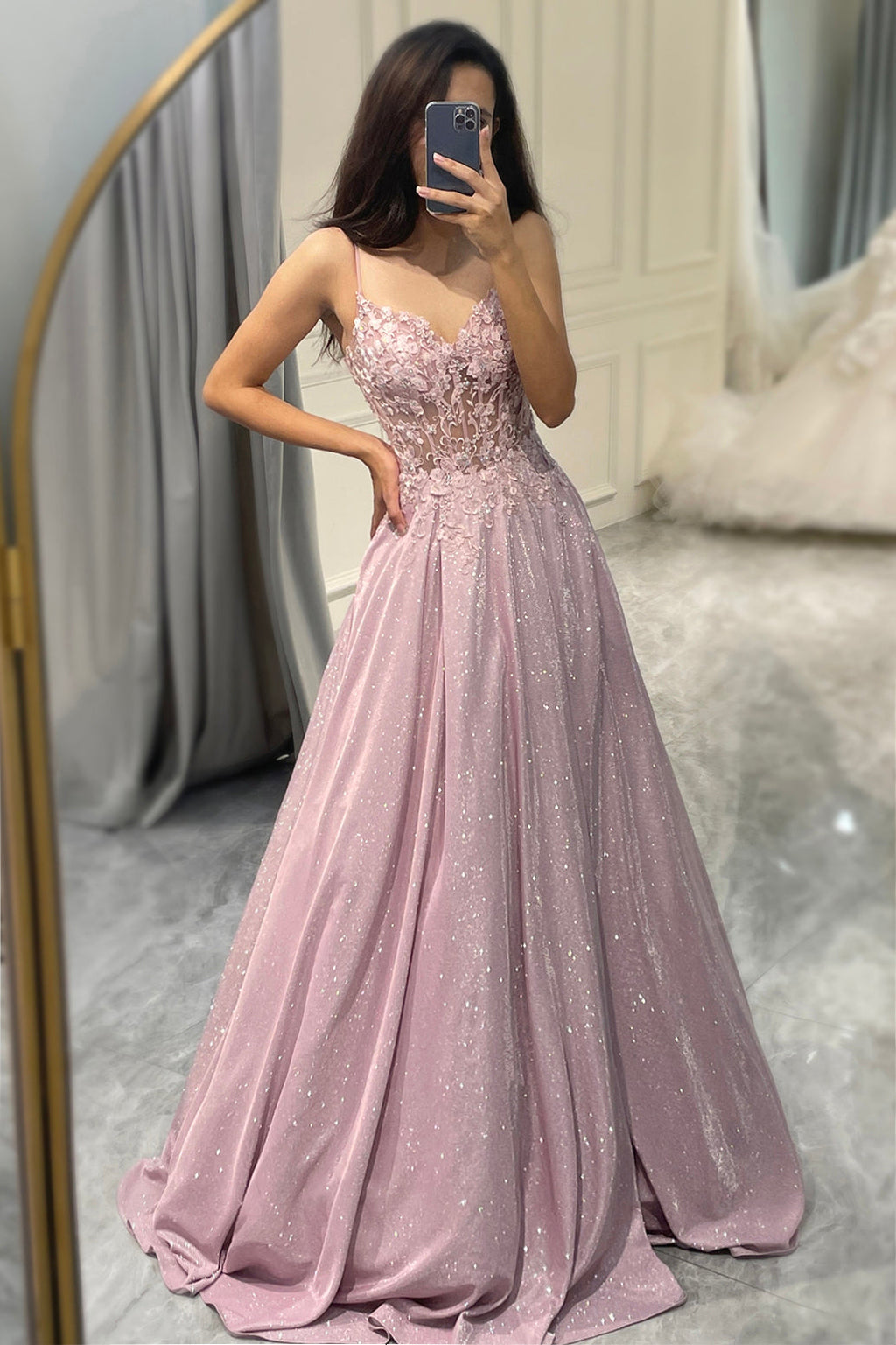 Women's Sheer Illusion Floral Bodice Evening Dress