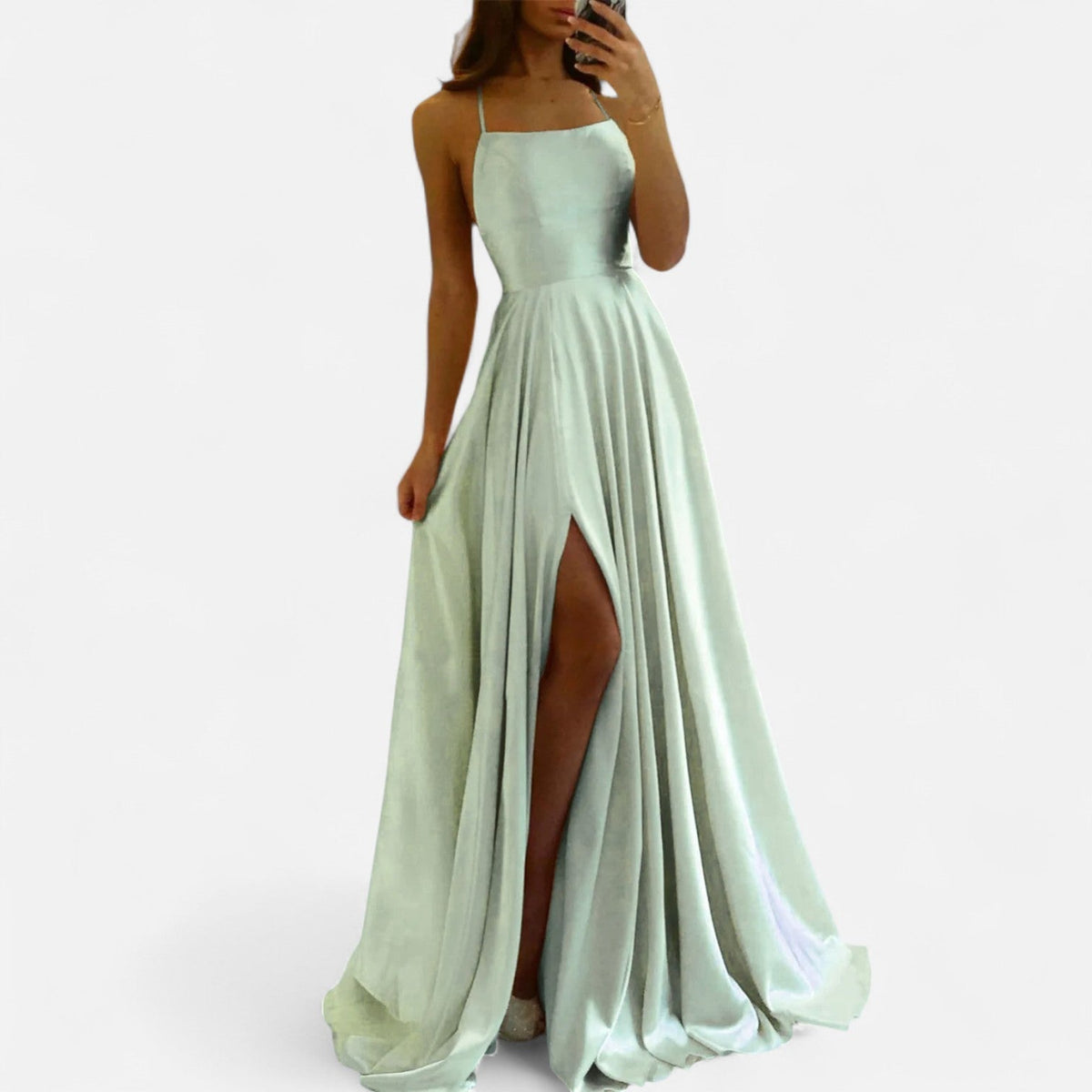 Women's Spaghetti Strap Wedding Guest Satin Maxi Dress