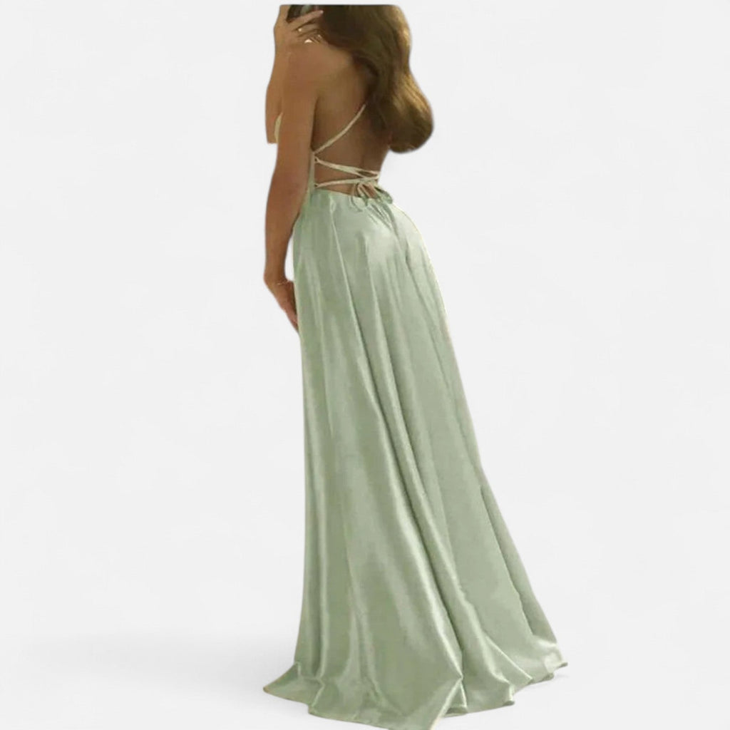 Women's Spaghetti Strap Wedding Guest Satin Maxi Dress