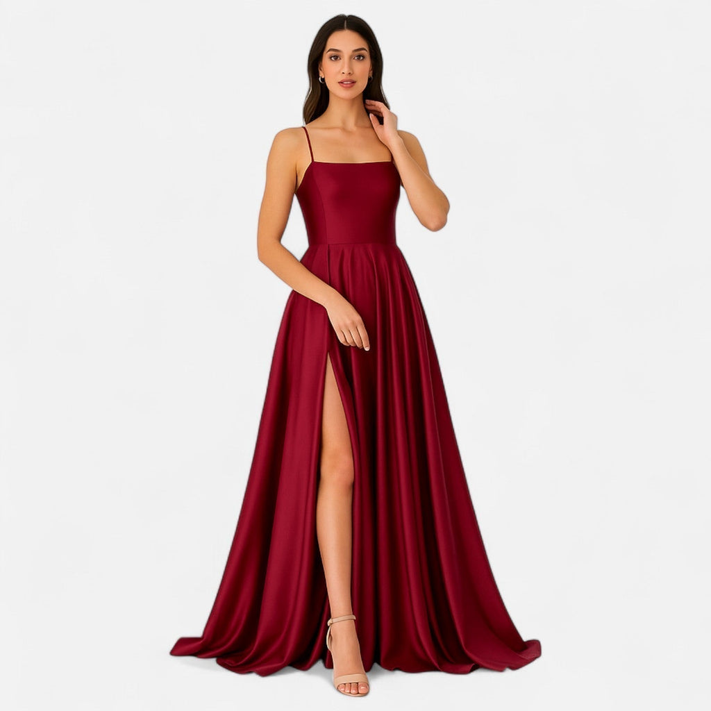 Women's Spaghetti Strap Wedding Guest Satin Maxi Dress