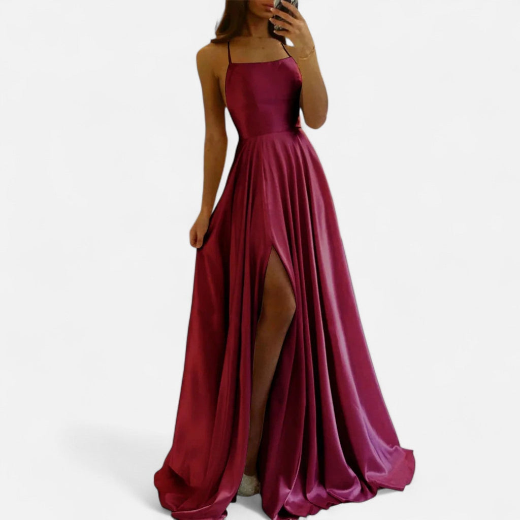 Women's Spaghetti Strap Wedding Guest Satin Maxi Dress