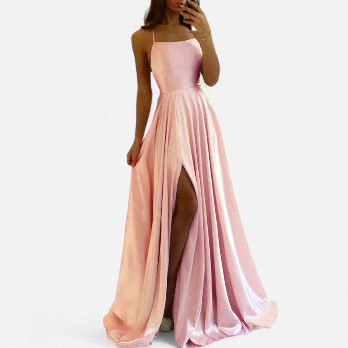 Women's Spaghetti Strap Wedding Guest Satin Maxi Dress
