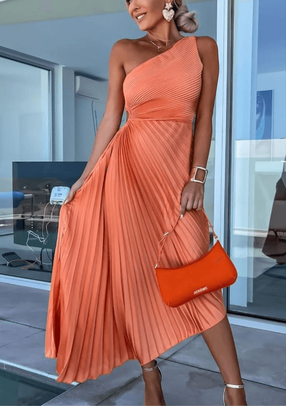 Women's Asymmetric Shoulder Pleated Formal Maxi Gown