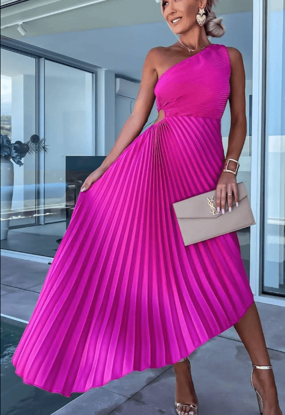 Women's Asymmetric Shoulder Pleated Formal Maxi Gown