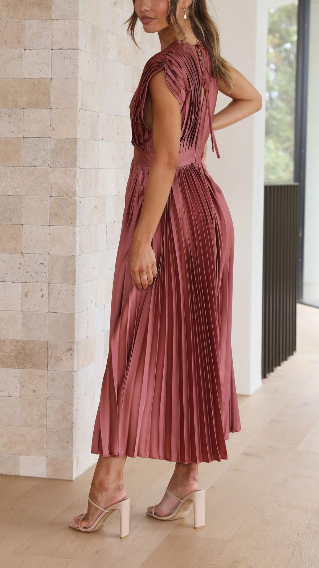 Women's Grecian Style A-Line Pleated Midi Gown