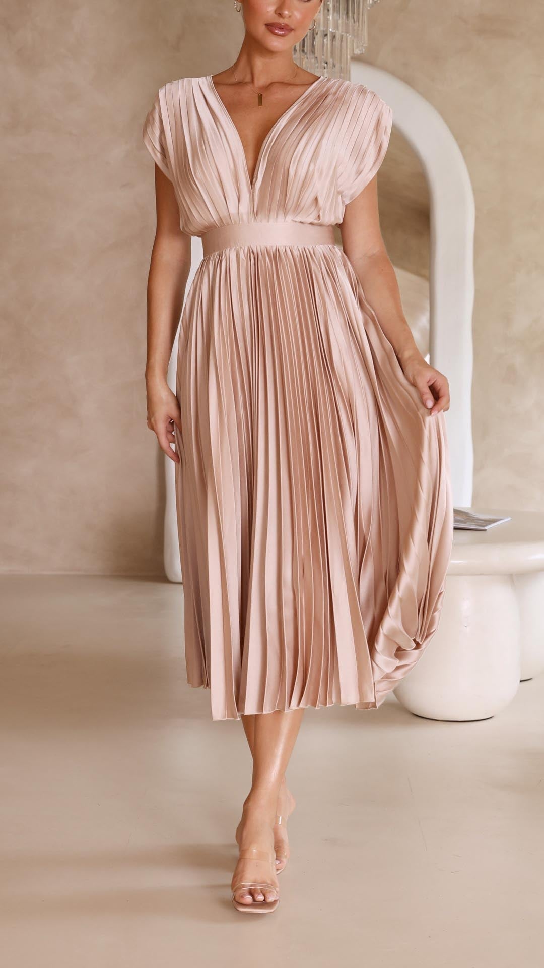 Women's Grecian Style A-Line Pleated Midi Gown