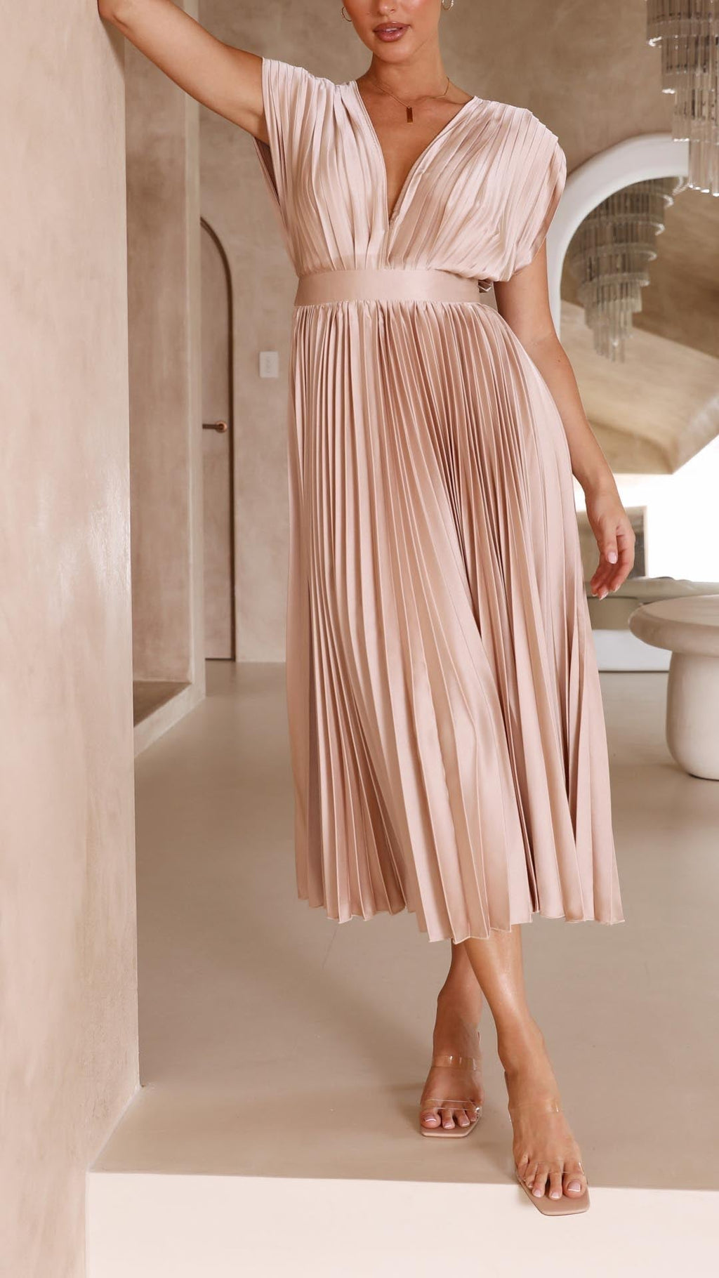 Women's Grecian Style A-Line Pleated Midi Gown