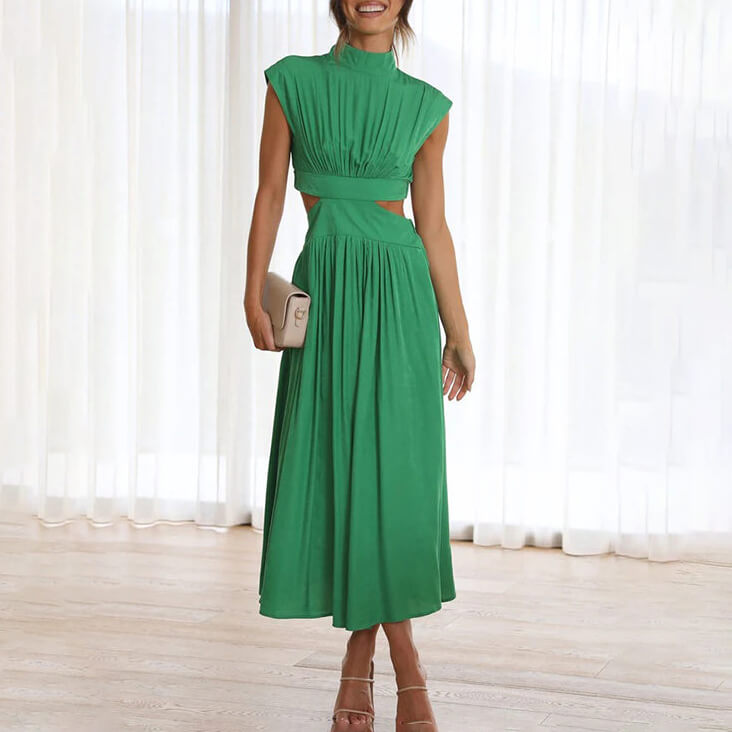Women's Modern A-Line Midi Dress with High Neck and Cutouts