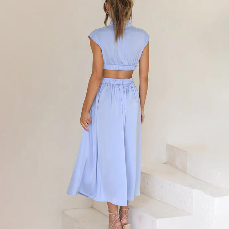 Women's Modern A-Line Midi Dress with High Neck and Cutouts
