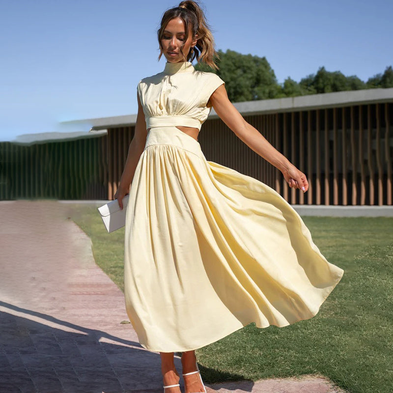 Women's Modern A-Line Midi Dress with High Neck and Cutouts