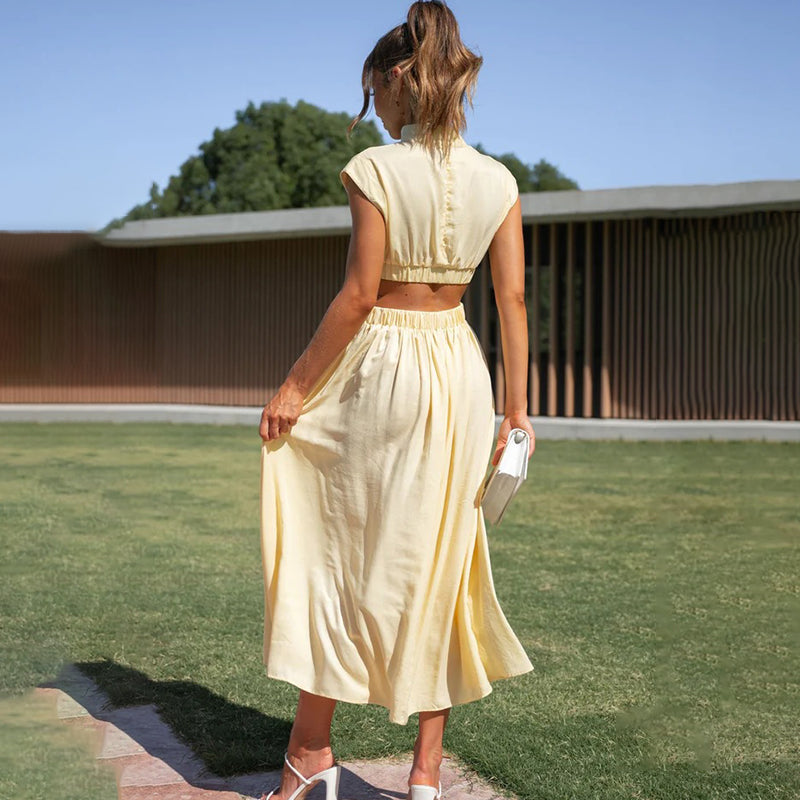 Women's Modern A-Line Midi Dress with High Neck and Cutouts