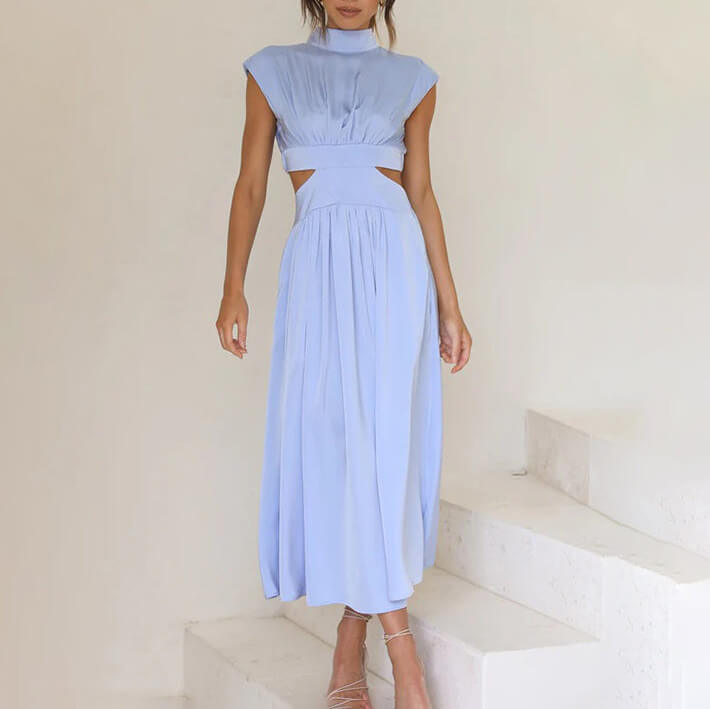 Women's Modern A-Line Midi Dress with High Neck and Cutouts