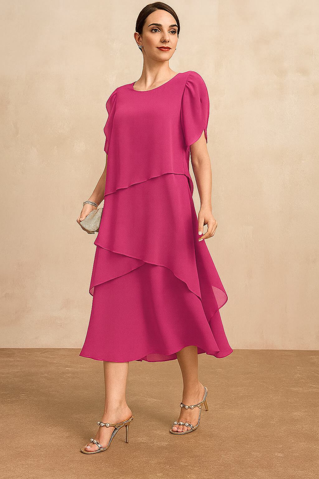 Women's Cascading Layered Flutter Sleeve Midi Dress