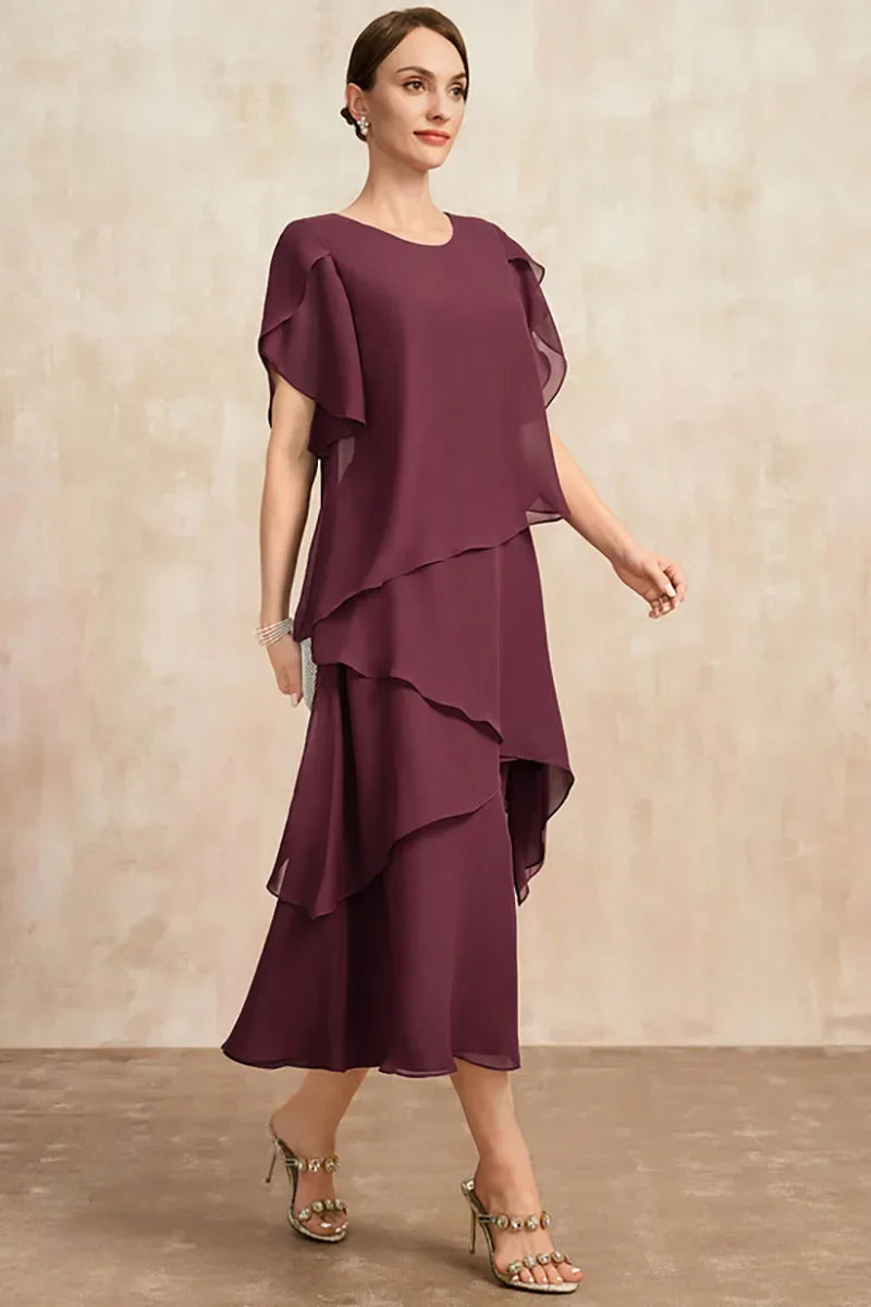 Women's Cascading Layered Flutter Sleeve Midi Dress