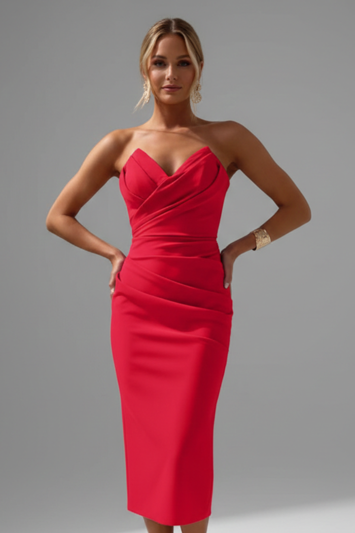 Women's Structured Strapless Midi Dress with Ruching
