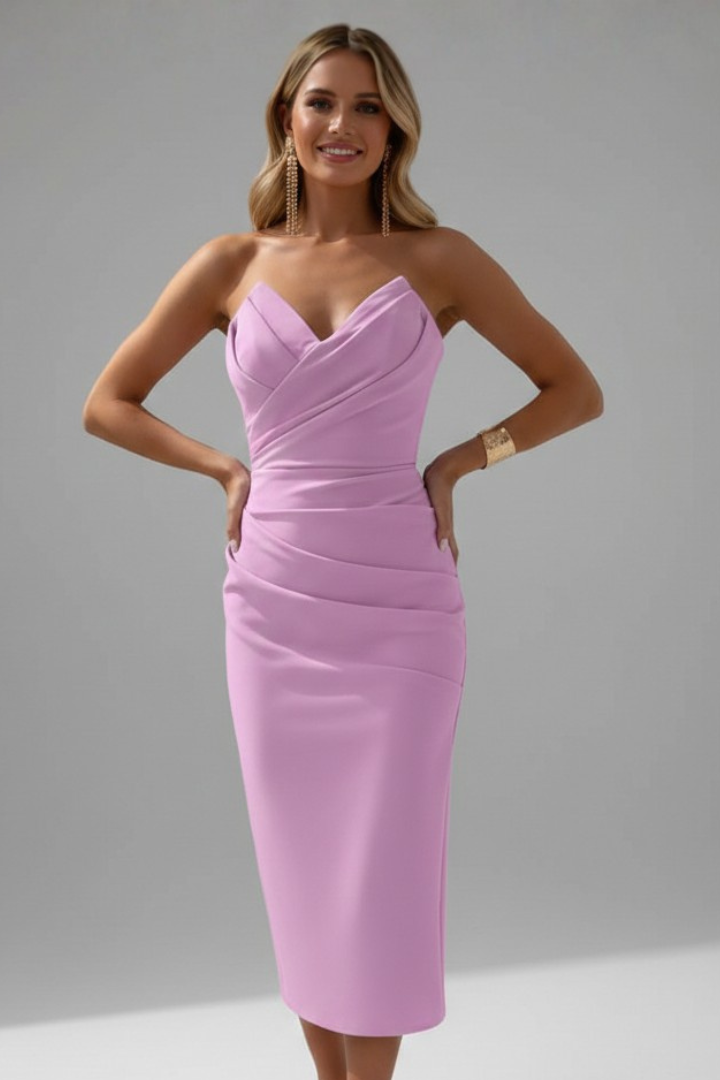 Women's Structured Strapless Midi Dress with Ruching