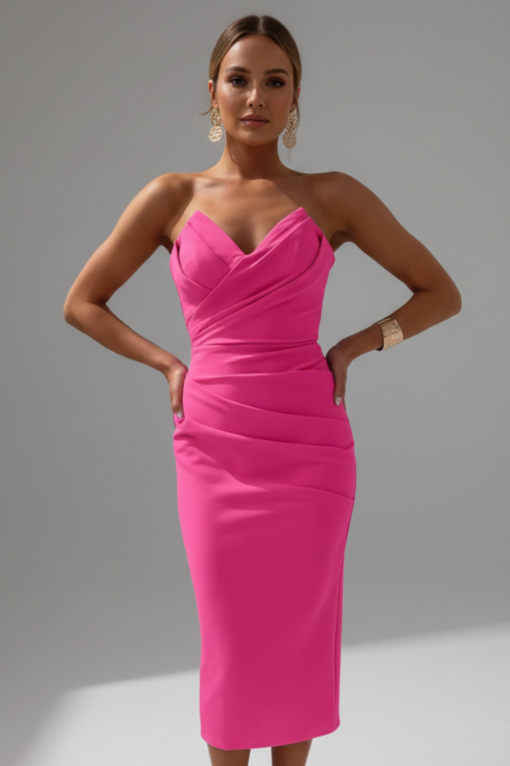 Women's Structured Strapless Midi Dress with Ruching