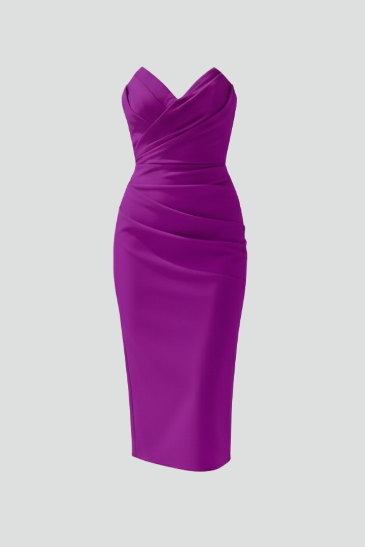 Women's Structured Strapless Midi Dress with Ruching