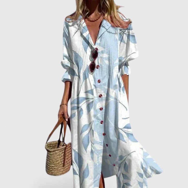 Women's Casual Floral Midi Dress with Front Buttons