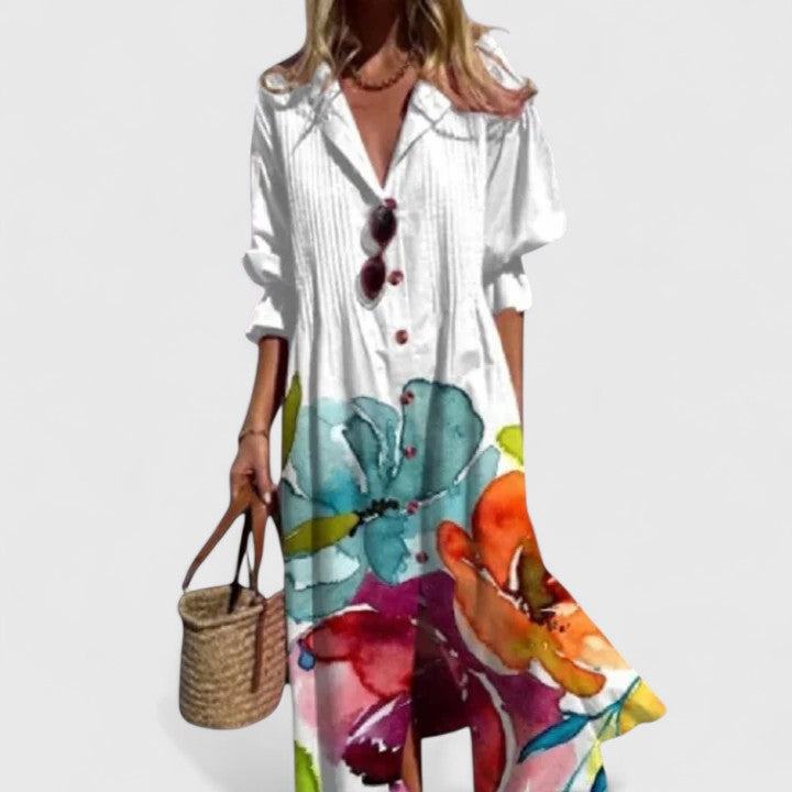 Women's Casual Floral Midi Dress with Front Buttons