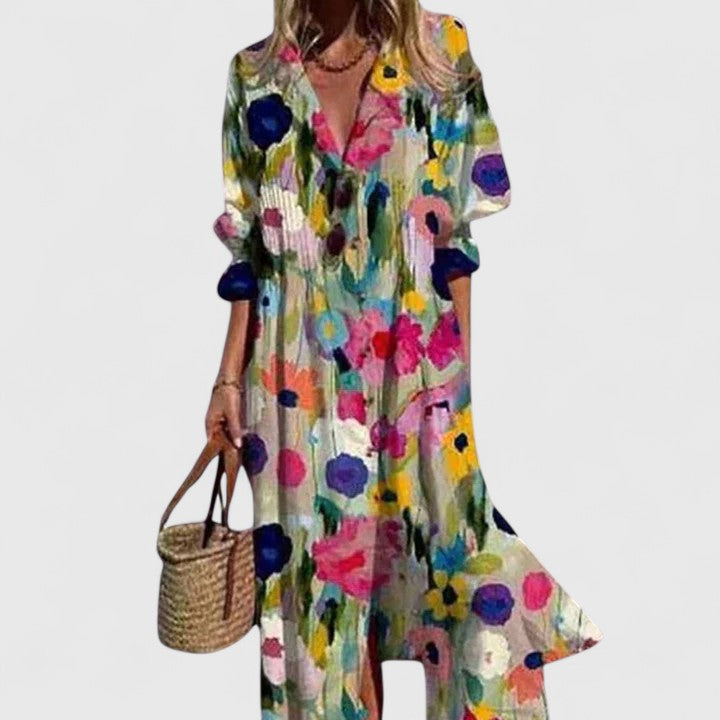 Women's Casual Floral Midi Dress with Front Buttons