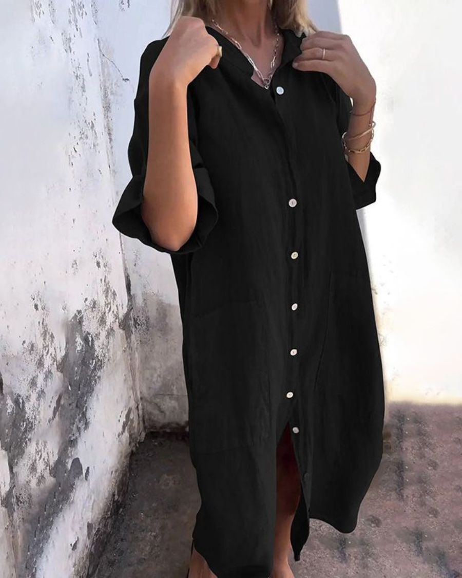 Women's Casual Buttoned Long-Sleeved Midi Dress