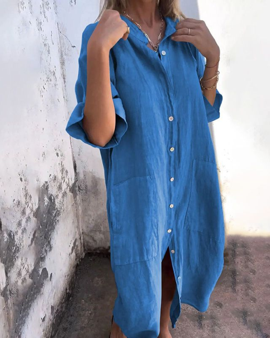 Women's Casual Buttoned Long-Sleeved Midi Dress
