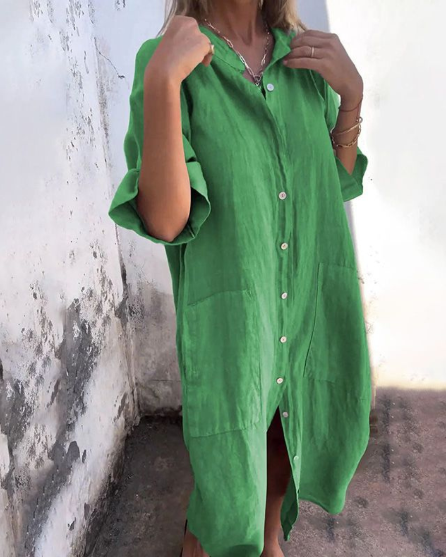 Women's Casual Buttoned Long-Sleeved Midi Dress